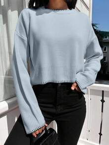 EURMUSE Maglione casual ampio a maniche lunghe con spalle scoperte e collo tondo, per autunno e inverno - celeste - Visualizzare 5