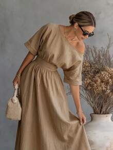 SHEIN Holidaya Gaun Panjang Wanita Model A-Line dengan Bahu Asimetris, Musim Gugur/Dingin - Khaki - View 4