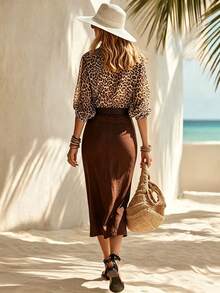 SHEIN Women's Solid Color Slit Design Casual Versatile Daily Skirt - Brown - View 2