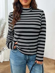 SHEIN Frenchy Plus Size Women's Striped Colorblock Casual Versatile Daily Wear T-Shirt Fall - Black and White - View 4