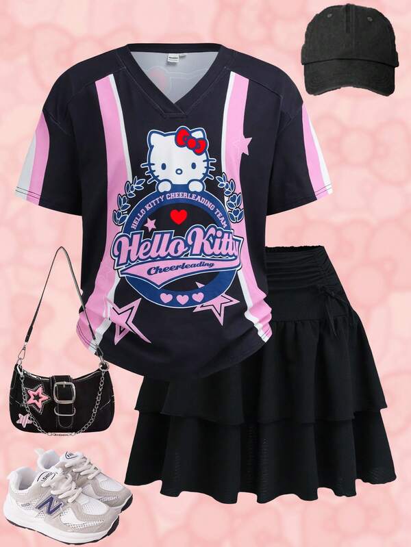 HELLO KITTY AND FRIENDS | SHEIN Pakaian Kasual Sehari-hari untuk Remaja Perempuan: Kaos Lengan Pendek Bergambar Kartun Huruf dan Rok Mini