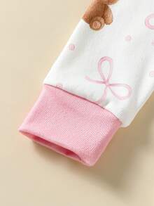 Baby Girl Snug Fit High Elasticity Knitted Ribbed Brushed Soft Comfortable Long Sleeve Heart Pink Bow Coffee Color Fuzzy Bear Top With Matching Full Length Pink Cuff Pants - Coral Pink - View 5