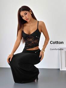SHEIN PETITE 女款對比蕾絲腰部鏤空時尚性感細肩帶洋裝 - 黑色 - 查看 6