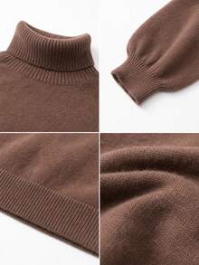 SHEIN Fiorisel Women's Autumn/Winter High Neck Solid Color Casual Loose Pullover Sweater Off-Shoulder Knit Top - Brown - View 5