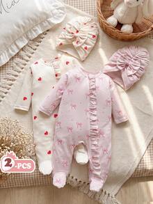 SHEIN Vintaside Kids 秋冬新生兒蝴蝶結印花可愛嬰兒連身衣 + 帽子 - 彩色 - 查看 2
