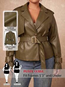 SHEIN PETITE CURVE 大尺碼女款純色PU皮革長袖單排扣時尚風衣 - 墨綠色 - 查看 1
