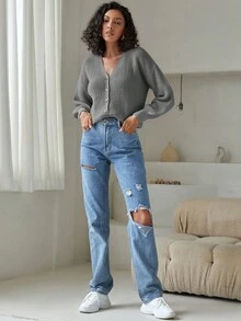 EURMUSE Button Front Drop Shoulder Ribbed Knit Cardigan - Grey - View 3