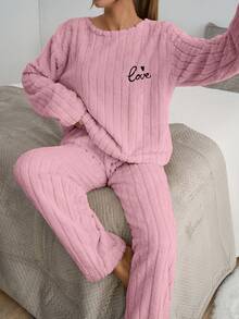 EURMUSE 2pcs Striped Fuzzy Fabric With Slogan Embroidery Detail Homewear PJ Set - Pink - View 3
