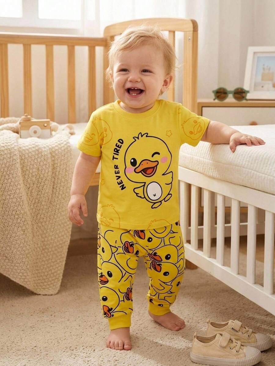 Baby Boy Cartoon Pattern Fitted Loungewear Set, Suitable For Summer - Multicolor - View 1
