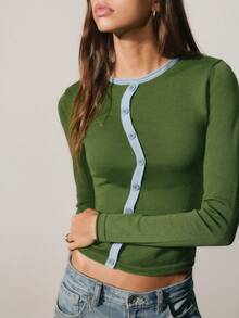 Nöista Green Knit Cardigan With Blue Contrast Trim And Asymmetrical Buttons. Cozy Layering Piece For Office And Everyday Wear. Cozy - Army Green - View 3