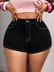 SHEIN Unity Cowgirl Plus Size Women's Black Elastic Embroidered Fitted Sexy Denim Shorts - Black - View 5