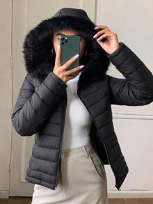 DAZY Women's Solid Color Plush Hooded Zip-Up Casual Daily Winter Padded Coat Fall Jacket - Black - View 9