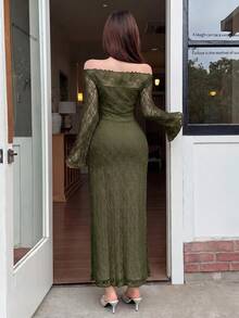 Feyla 女款蕾絲拼接露肩休閒派對洋裝 - 軍綠色 - 查看 2
