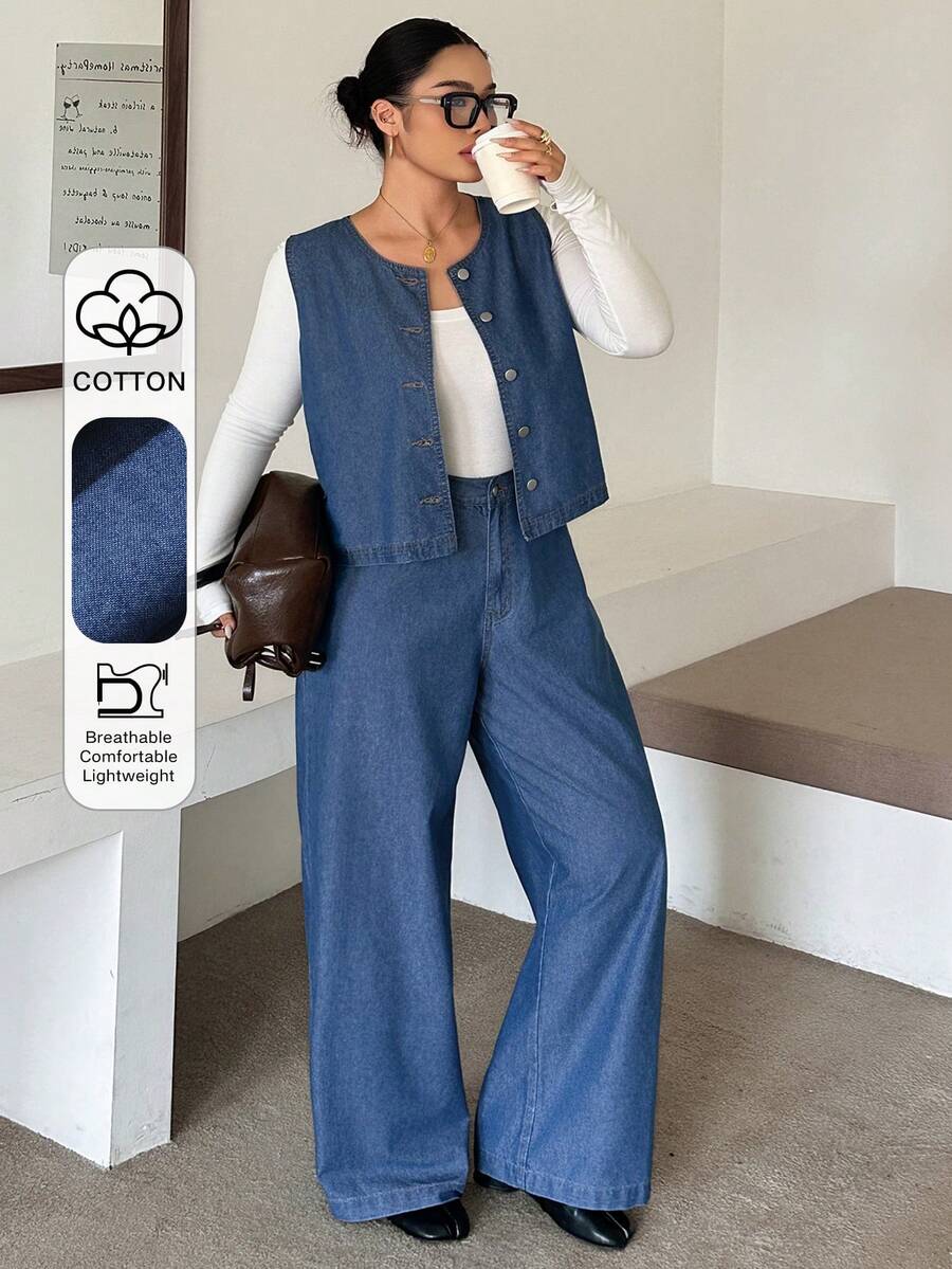 Dazy Plus Plus Size Women's Single-Breasted Denim Vest And Straight Leg Pants Casual Loose Fit 2 Pieces Set Spring Summer Autumn Vacation Rave Blue - Medium Wash - View 1
