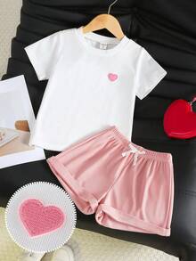 SHEIN Genkimix Kids 女童時尚可愛愛心刺繡針織短袖T恤上衣套裝，適合日常休閒、運動、外出與度假 - 彩色 - 查看 9