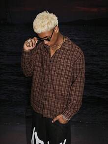 STEELVANCE 男士格紋長袖單排扣休閒襯衫 - 棕色 - 查看 1