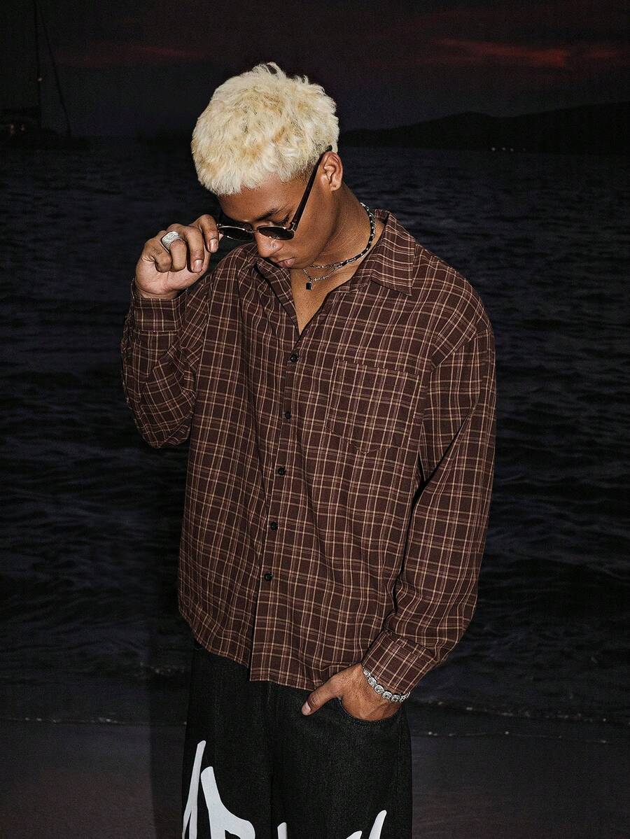 STEELVANCE 男士格紋長袖單排扣休閒襯衫 - 棕色 - 查看 1