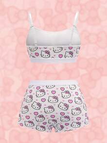 HELLO KITTY AND FRIENDS | SHEIN 女士可爱卡通猫咪印花字母文胸和内裤套装 - 白色 - 查看 2
