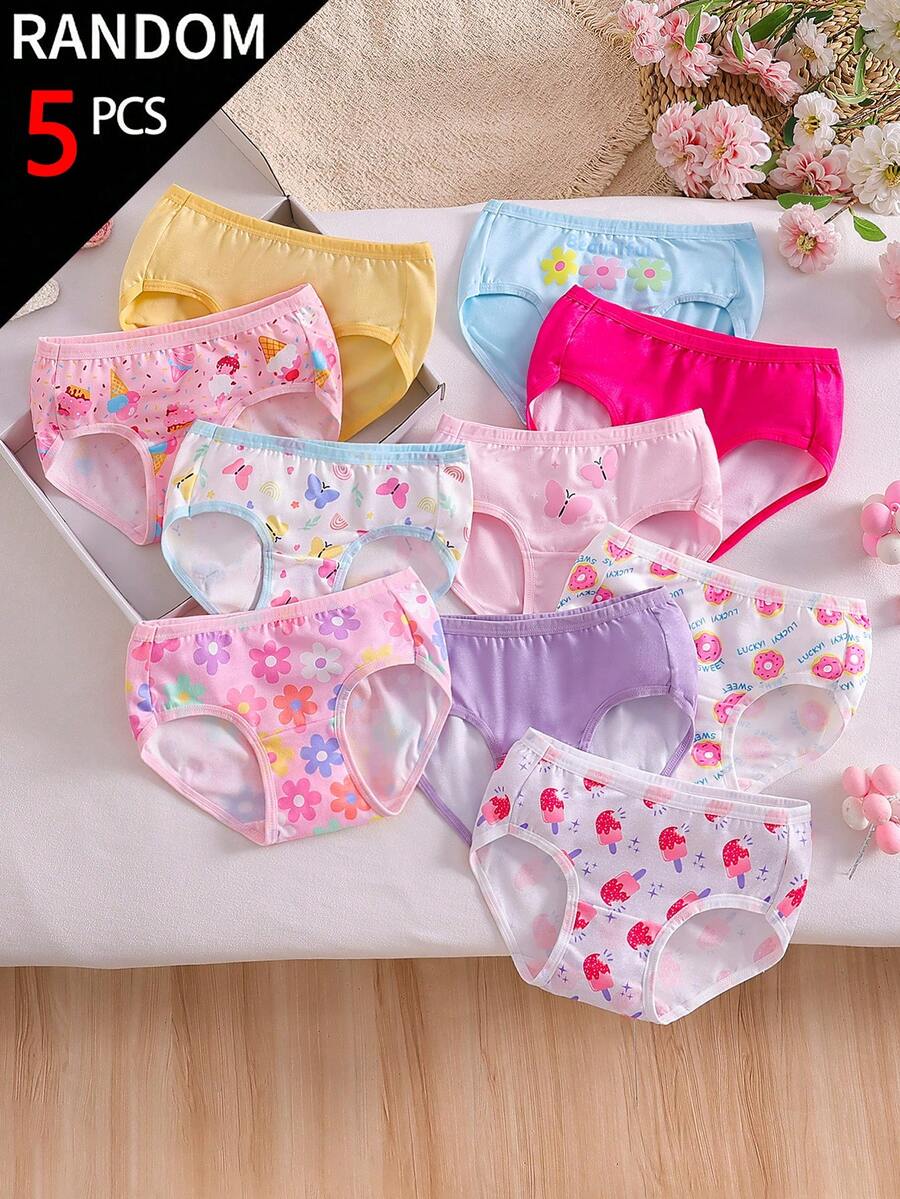 SHEIN 隨機盲盒 5件組 多彩可愛卡通甜甜圈冰淇淋蝴蝶花卉印花 舒適柔軟時尚三角內褲 秋季 - 彩色 - 查看 1
