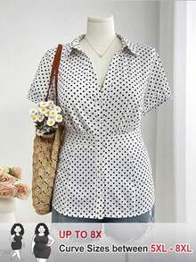 SHEIN CURVE+ Plus Size Polka Dot Short Sleeve Shirt With Button Down Collar - White - View 1