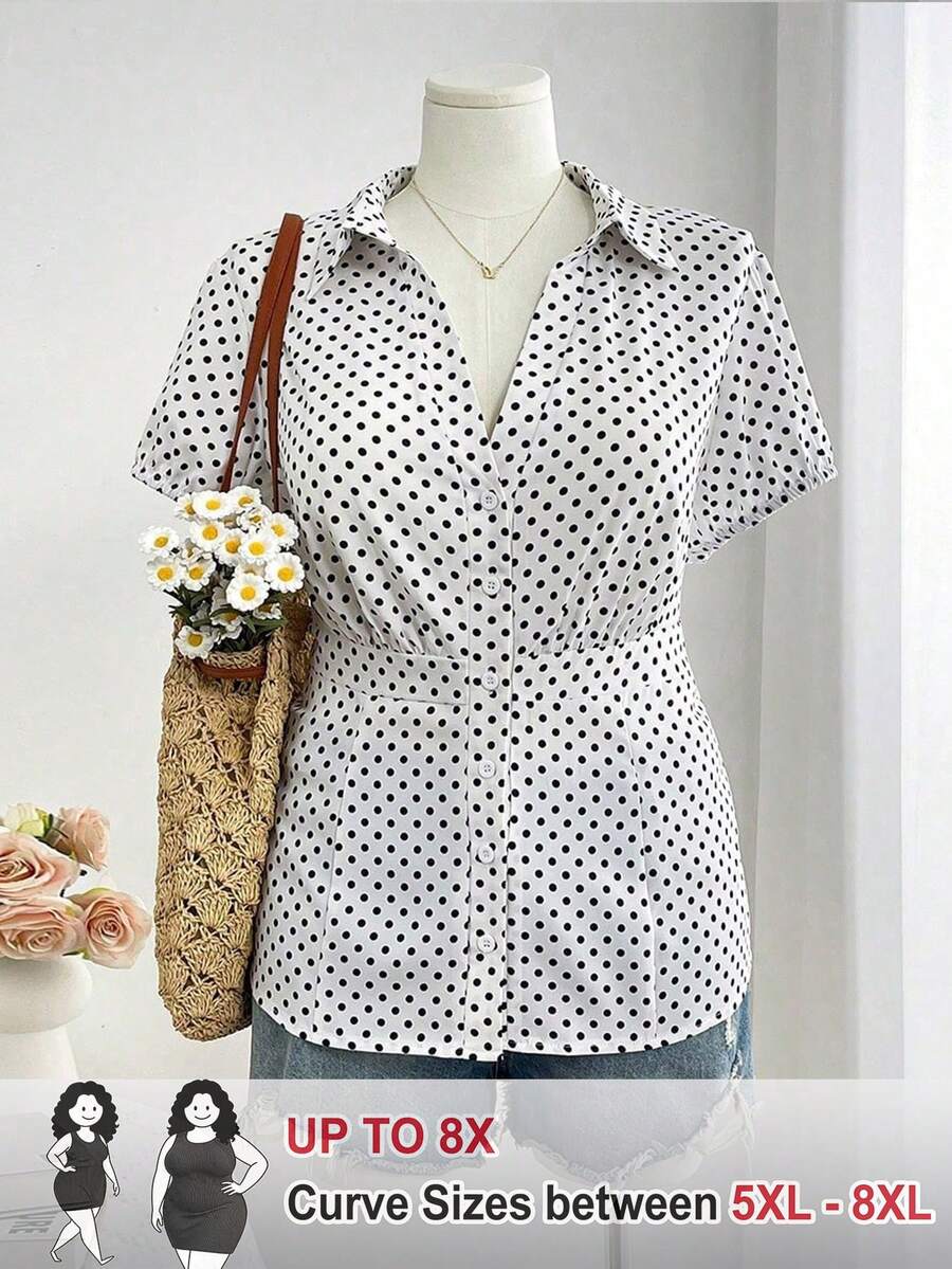 SHEIN CURVE+ Plus Size Polka Dot Short Sleeve Shirt With Button Down Collar - White - View 1