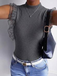 FRIFUL Women's Turtleneck Ribbed Tank Top With Mesh Ruffle Trim Sleeveless Layered T-Shirt Brunch Gray Autumn French Elegant - Dark Grey - View 3
