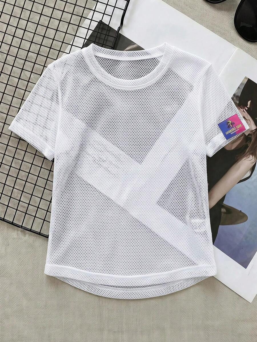 SHEIN Cheerettes 女款鏤空短袖運動T恤 白色網布透氣吸濕排汗透視短袖運動上衣 肩部附織標 適合健身房