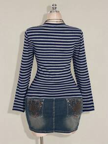 SHEIN ICON Women's Plus Size Autumn/Winter Contrast Lace Black & Grey Striped Slim Fit T-Shirt Fall - Navy Blue - View 2
