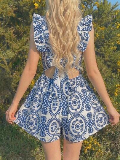 SHEIN Teen Girl Blue & White Retro Print Square Neck Sleeveless Ruffle Jumpsuit,Backless Butterfly Cutout Romper For Summer,Beach,Holiday,Vacation,Kids