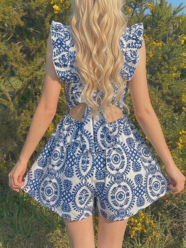 SHEIN Teen Girl Blue & White Retro Print Square Neck Sleeveless Ruffle Jumpsuit,Backless Butterfly Cutout Romper For Summer,Beach,Holiday,Vacation,Kids
