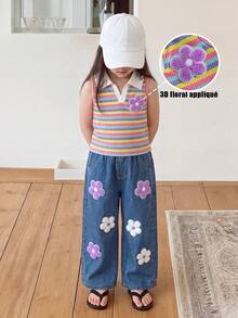 Souflis Souflis 女童條紋領口無袖上衣 + 牛仔 3D 花朵牛仔褲背心套裝 - 淡紫色 - 查看 4
