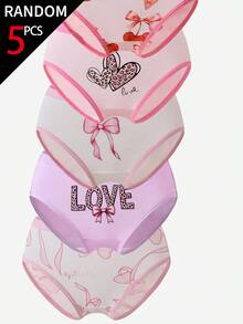 SHEIN 【5件隨機款】女童幼兒四季通用 多色可愛愛心蝴蝶結櫻桃 簡約可愛 多圖案可追蹤棉質印花組合三角內褲 - 彩色 - 查看 3
