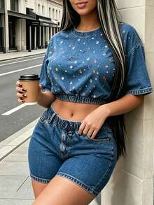 Rovax Loose Crew Neck Dropped Shoulder Short Sleeve Crop Top Tee Denim Graphic Print Tshirt - Multicolor - View 4