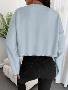 EURMUSE Maglione casual ampio a maniche lunghe con spalle scoperte e collo tondo, per autunno e inverno - celeste - Visualizzare 2