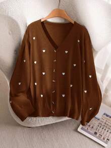 CosyJoli Women's Plus Size Heart Embroidered Basic Cardigan - Brown - View 4