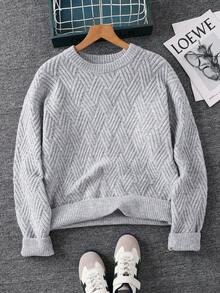 SHEIN Teen Boy Teen Boys Casual Gray Comfortable Textured Solid-Color Crew Neck Sweater Is A Versatile Piece, Perfect For The Fall/Winter Back-To-School Season. - Grey - View 3