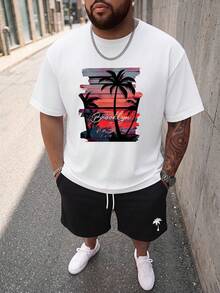 Sorvial Plus Size Men's T-Shirt Set, Sunset Coconut Tree Holiday Pattern - Multicolor - View 5