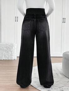 SHEIN 孕婦休閒水洗直筒牛仔褲 秋冬節慶優雅返校休閒正式商務基礎款毛絨保暖黑色 - 黑色 - 查看 2