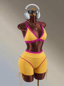 Amplova Women's Color Block Casual Daily Outing Gym Sports Yellow And Pink Color-Blocking Sexy Sport Bar And Side Drawstring Athletic Shorts Workout Backless - Pink - View 5
