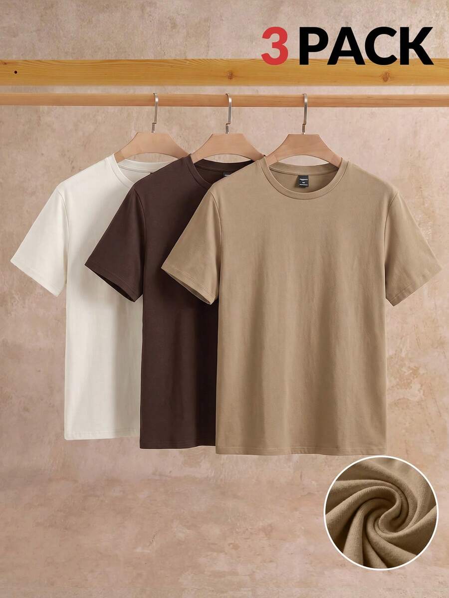 Manfinity VCAY 3pcs Pack Men's Casual Knit Solid Color Short Sleeve T-Shirt, Suitable For Daily Wear - Multicolor - View 1