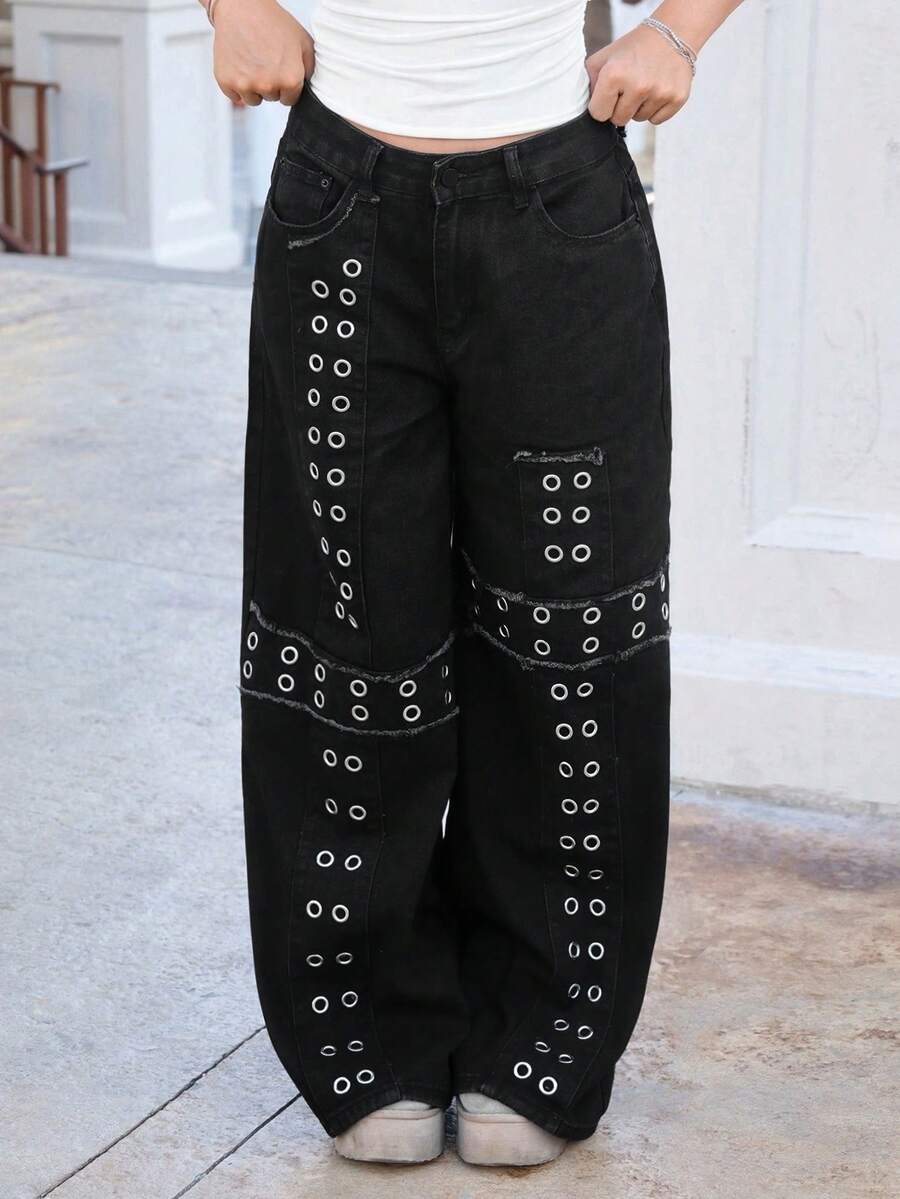 Grunge Punk ROMWE X Capri Everitt Spring Casual Black Punk Metal Rivet Studded Cross Embroidered Loose Wide-Leg Low Waist Jeans - Black - View 1