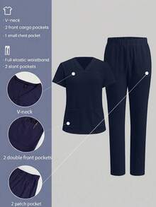 TaskEZ Scrub Set Solid Color, Minimalist Daily Short Sleeve Top And Pants Scrub Set, Suitable For Pet Hospitals - Multicolor - View 1