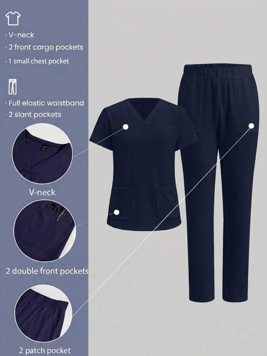 TaskEZ Scrub Set Solid Color, Minimalist Daily Short Sleeve Top And Pants Scrub Set, Suitable For Pet Hospitals - Multicolor - View 1