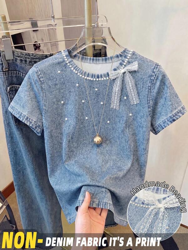 INAWLY Women's Denim Style Digital Print Short Sleeve Denim T-Shirt - Casual Summer Top With Pearl Embellished Round Neck And Lace Bow Design; Suitable For Vacation, Graduation Ceremony And Birthday Occasions; Ideal Choice For Spring And Summer Outfits.