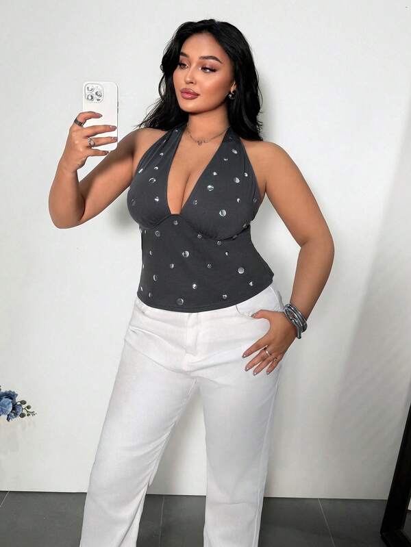 Firerie Plus Size Women's New Solid Color Rivet Backless Top, Sexy Deep V-Neck Women's Top, Vacation Women's Top, Music Festival Women's Top, Spring/Summer Clothing, Sexy, Dating, Party, Music Festival, Boho, Vacation, Bohemian, Beach, Hawaii