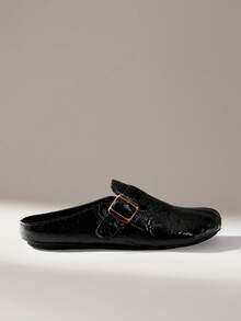 Solecia Zapatos de mujer que se pueden usar en todas las estaciones, rayas asimétricas, hebilla rayada a mano, punta de cinco dedos, suela plana, estilo de moda, cuero PU negro, para caminar al aire libre, para usar en el Día de San Valentín - Negro - Ver 3