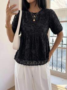 FRIFUL Women's Fashion Round Neck Loose Fit Babydoll Blouse Summer - Black - View 4