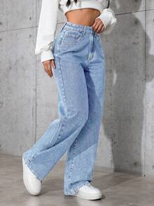 SHEIN 青少年女孩休閒水洗寬鬆牛仔長褲 - 淺色水洗藍 - 查看 4