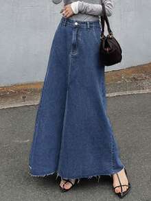 FRIFUL Women's Casual Washed Long Denim Skirt Fall - Blue - View 2