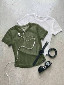SHEIN Cheerettes 女款純色圓領休閒百搭日常運動T恤 - 彩色 - 查看 2